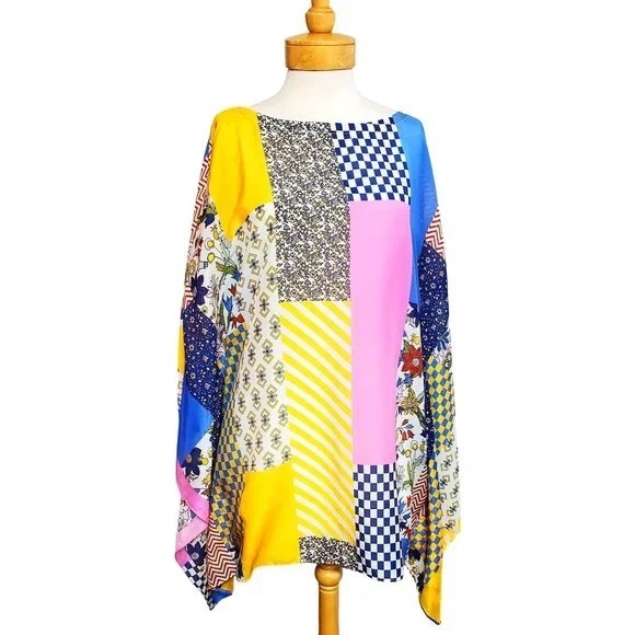 Tory Burch Floral Patchwork Short Caftan/Kaftan Cover-Up Cotton/Silk Beach M/L - Picture 3 of 10